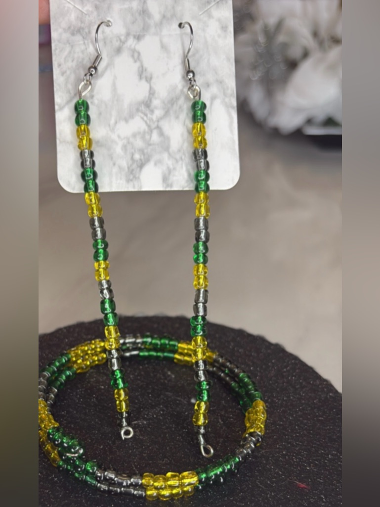 Handcrafted Green & Yellow Beaded Wire Wrap Bracelet And Earrings